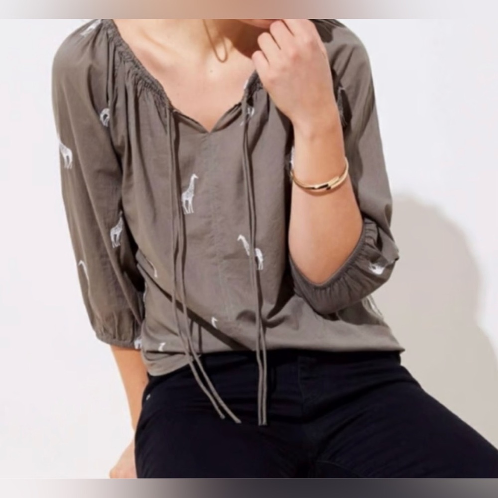 LOFT taupe blouse with giraffes